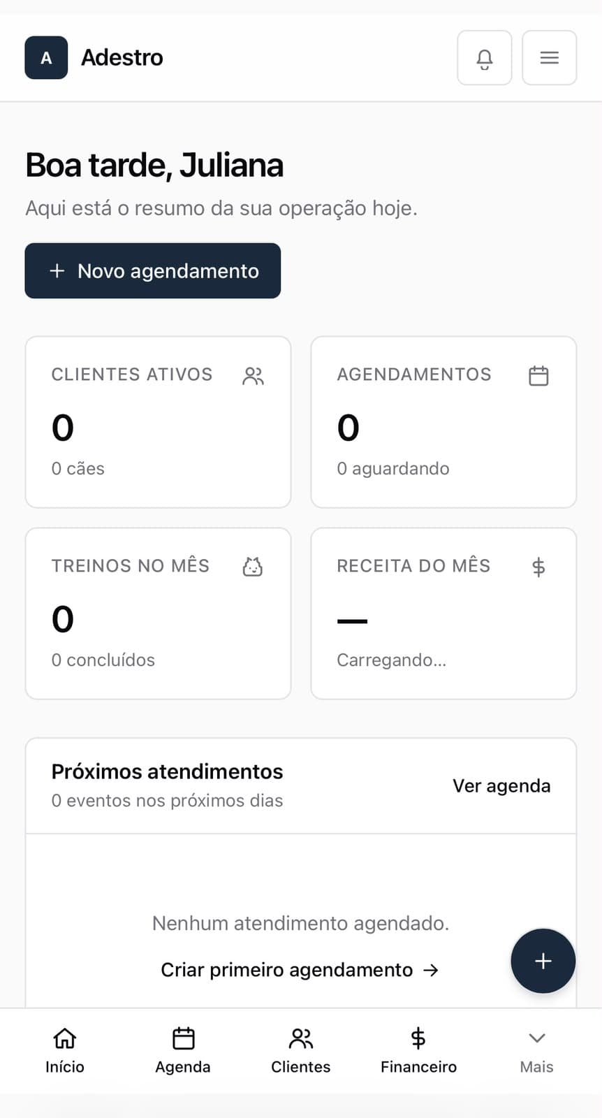 Painel inicial do Adestro no celular