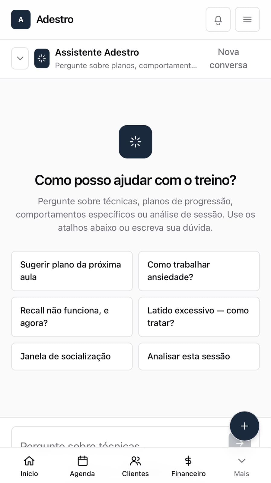 Assistente de IA do Adestro sugerindo treinos